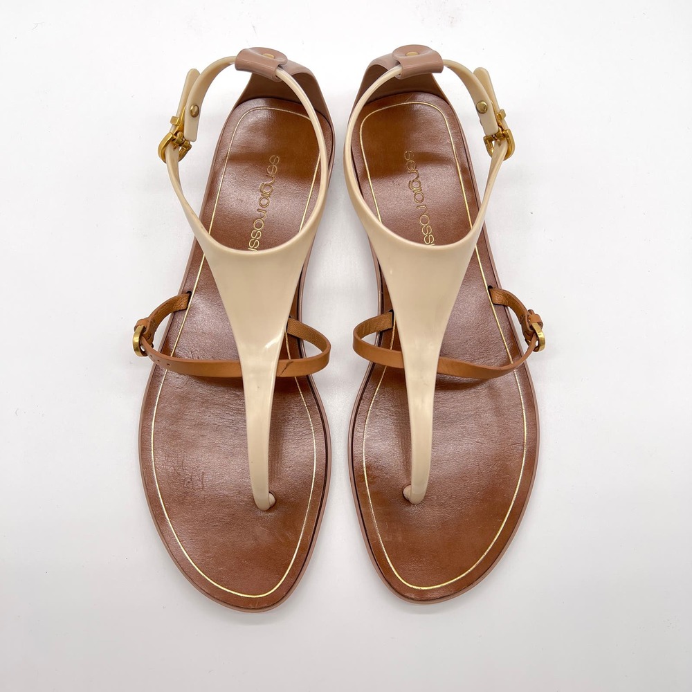 SERGIO ROSSI Shoes Womens 38 Cream Brown T-strap Jelly Sandal Thong Flip Flop - Picture 5 of 12